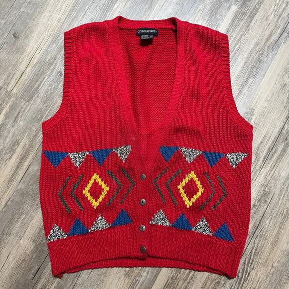 Vtg 90s Counterparts Sweater Vest Red Colorful Geometric Supermarket Sweep - Picture 1 of 8